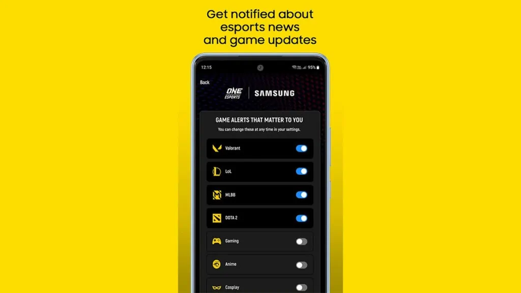 ONE Esports app Samsung notifications
